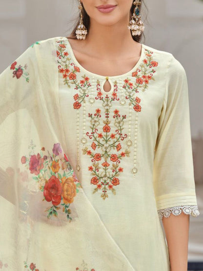 Dhiyona VA Women'sFloral Embroidered Key Hole Neck Kurta With Salwar & Dupatta