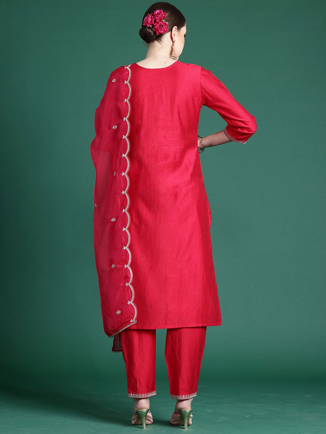 Dhiyona IE Floral Embroidered Liva Straight Kurta With Trousers & Dupatta