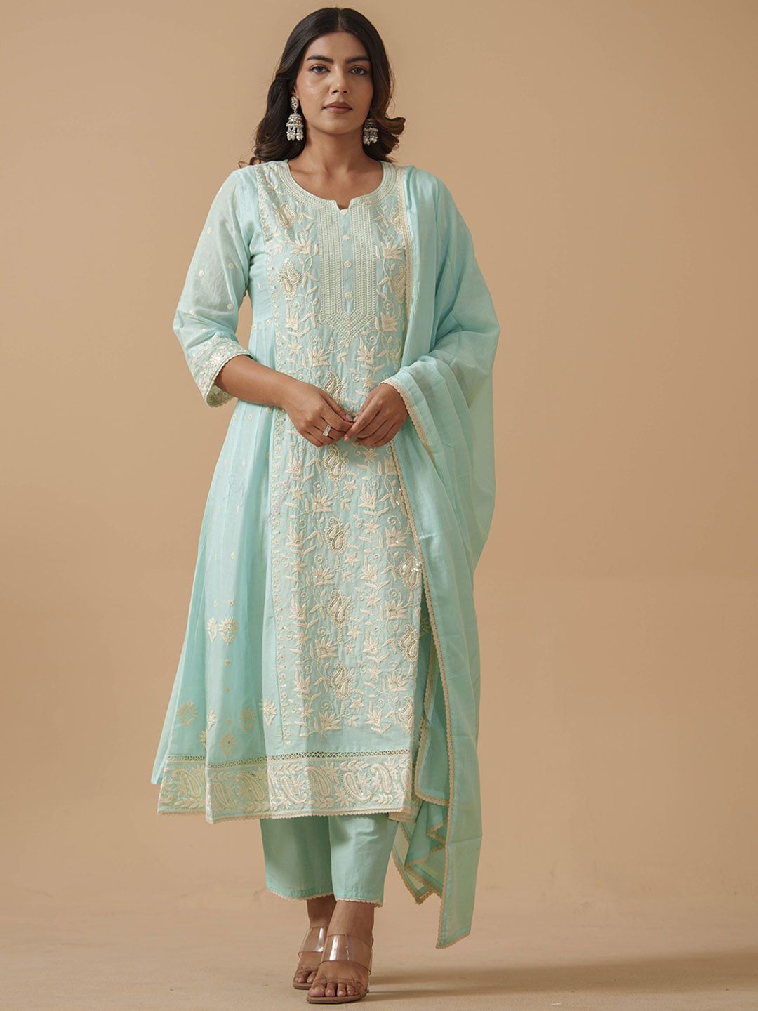 Dhiyona PD Women Women Pure Cotton Embroidered Cotton Kurta Trousers & Dupatta