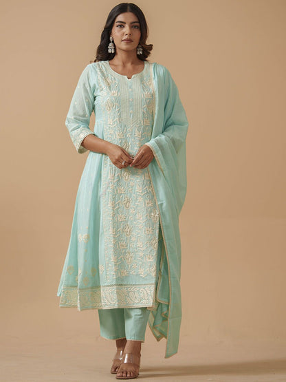 Dhiyona PD Women Women Pure Cotton Embroidered Cotton Kurta Trousers & Dupatta