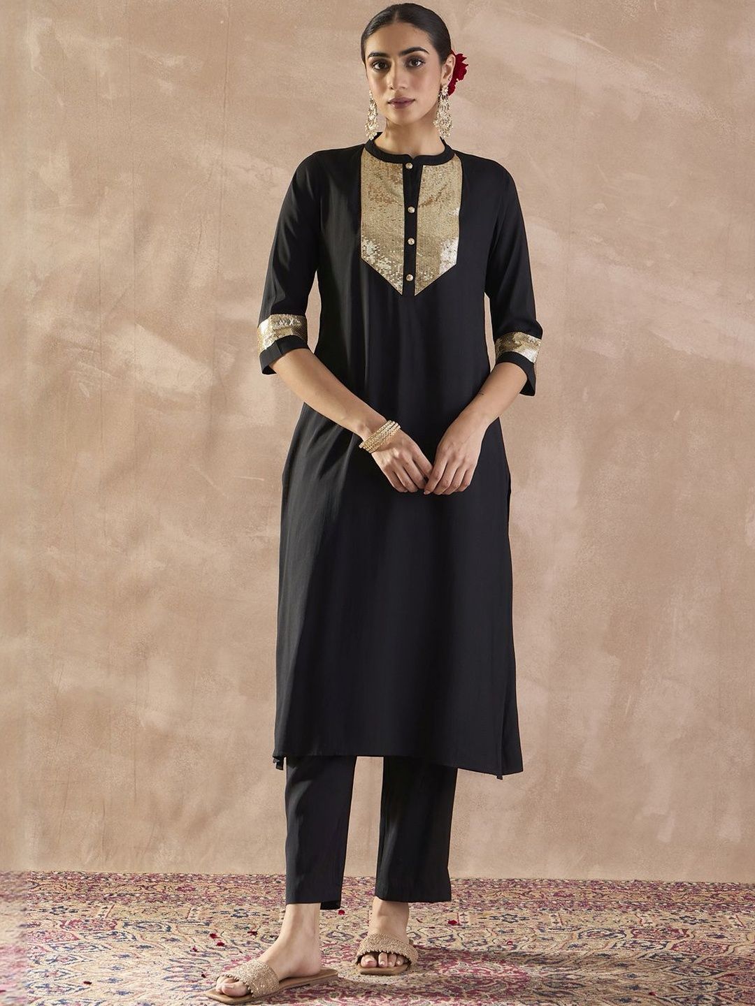 Embroidered Sequinned Straight Kurta With Trousers