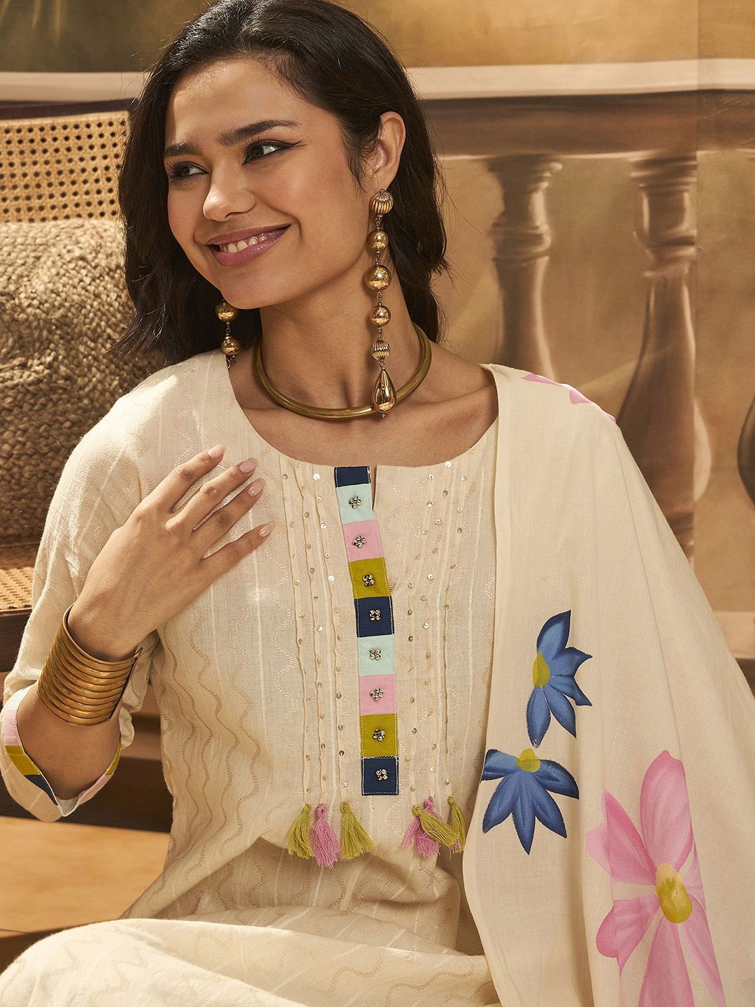 Dhiyona SN Women's Floral Embroidered Pure Cotton Straight Kurta With Trousers & Dupatta