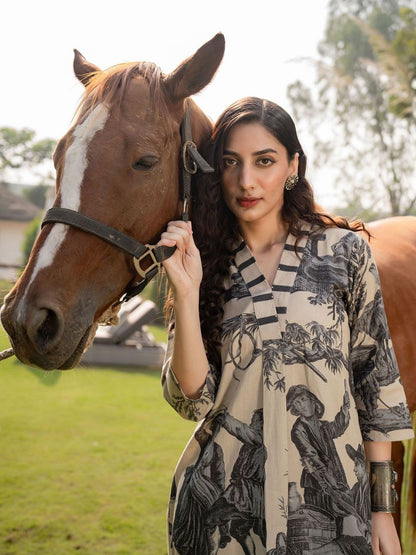 Women Printed Regular Linen Kurta with Trousers