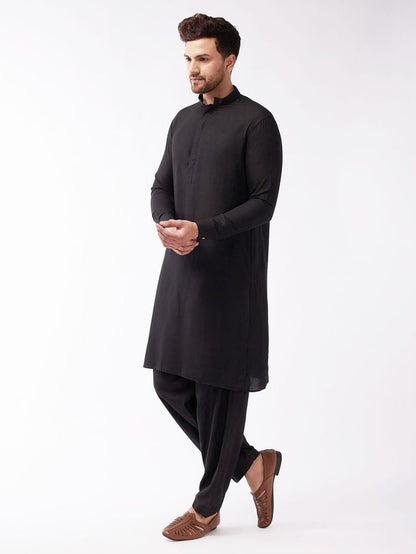 Men's Black Cotton Blend Pathani Kurta and Patiala Set
