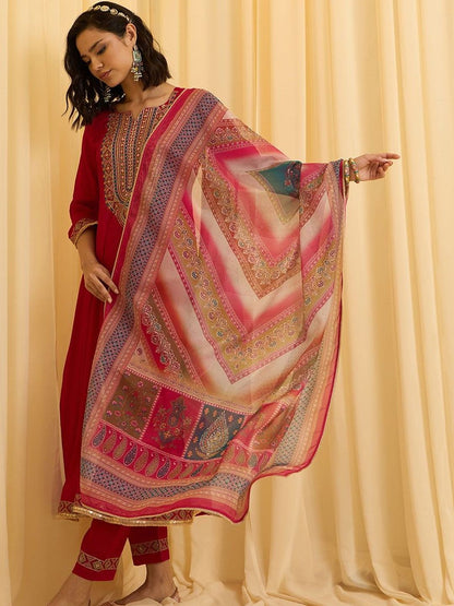 Dhiyona CH Women Ethnic Motifs Embroidered Regular Thread Work Kurta with Trousers & Dupatta