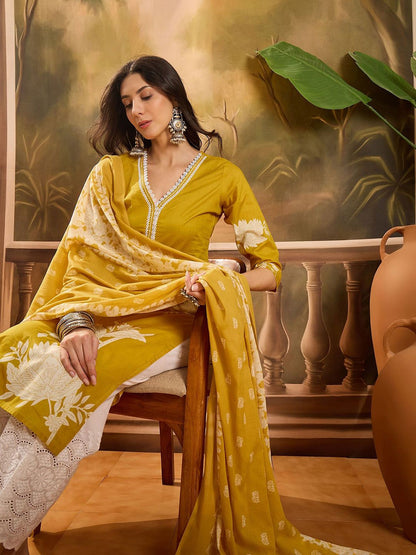 Dhiyona SN Women's Floral Printed Thread Work Pure Cotton Straight Kurta Set With Dupatta