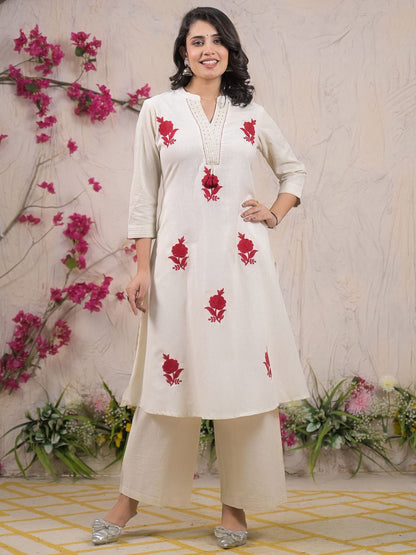 Dhiyona IE Embroidered Pure Cotton Mandarin Collar Neck Tunic With Palazzo