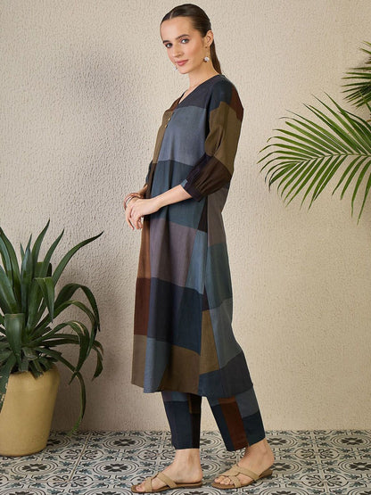 Adults-Women Colourblocked A-Line Kurta with Trousers