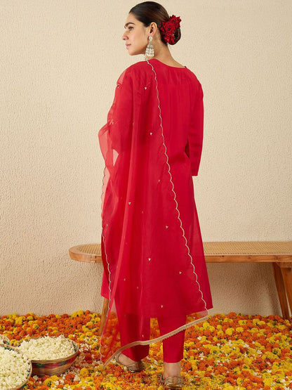 Paisley Embroidered Sequinned Liva Straight Kurta With Trousers & Dupatta