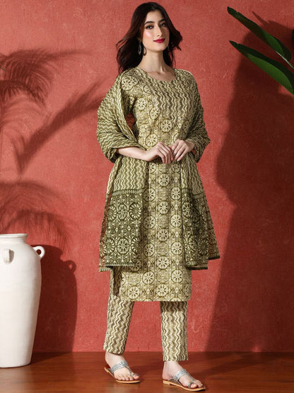 Dhiyona SN Women's Printed Pure Cotton Kurta & Trouser With Dupatta