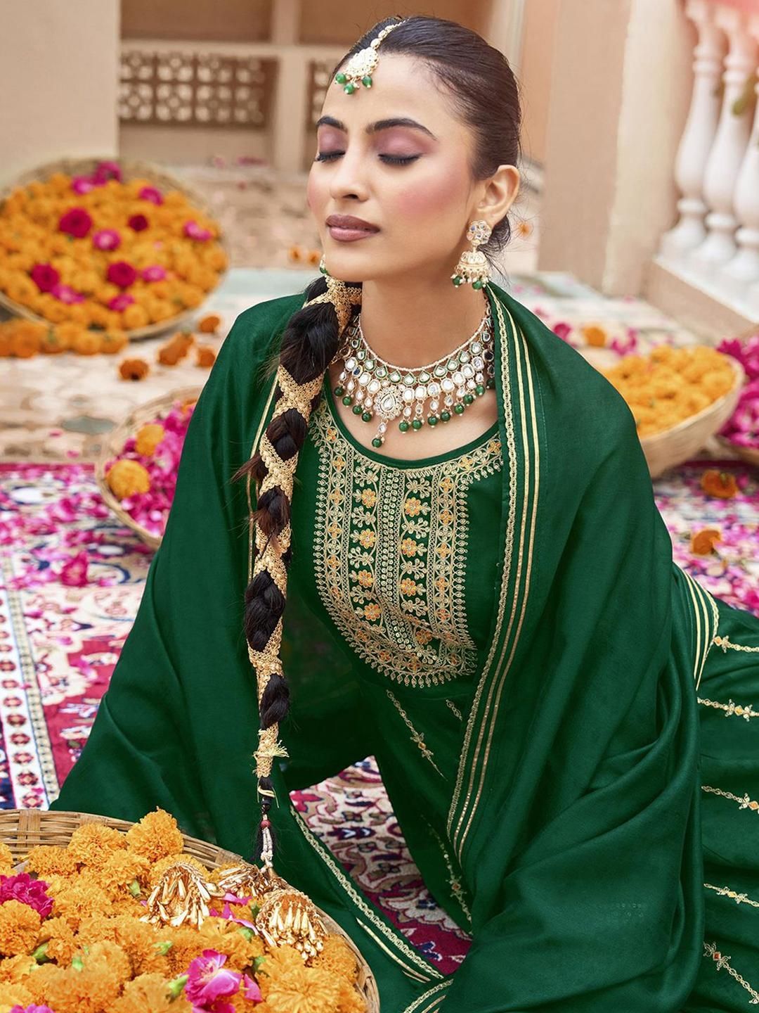 Dhiyona CH Women Woven Design Embroidered A-Line Kurta with Trousers & Dupatta