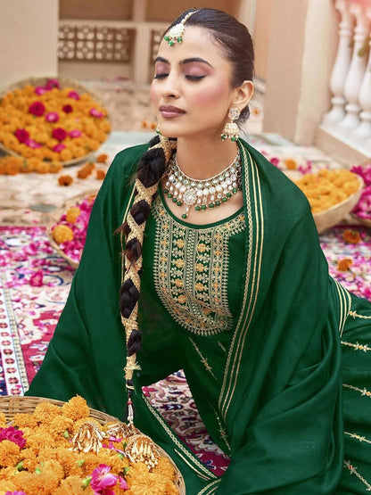 Dhiyona CH Women Woven Design Embroidered A-Line Kurta with Trousers & Dupatta