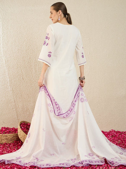 Women Floral Embroidered Regular Thread Work Pure Cotton Kurta with Trousers & With Dupatta