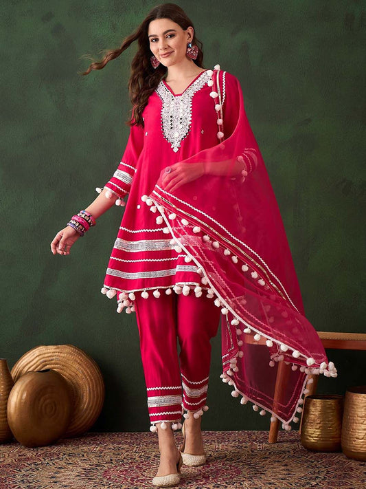 Dhiyona SN Women's Pink Floral Embroidered Mirror Work A-Line Kurta With Trousers & Dupatta