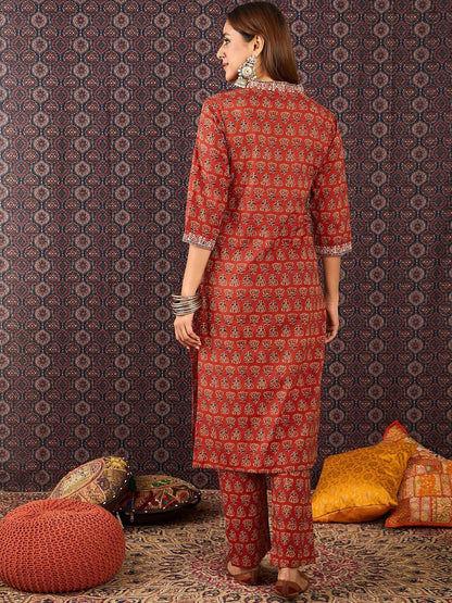 Dhiyona IE Women's Women Ethnic Motifs Printed Straight Pure Cotton Kurta with Trouser