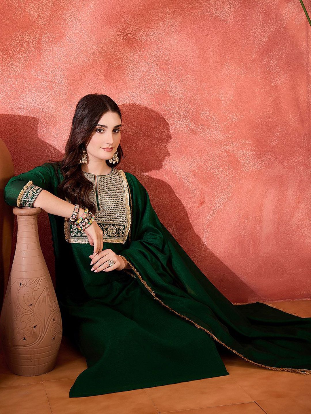 Dhiyona SN Women's Zari & Sequin Cording Embroidered Straight Kurta & Trousers With Dupatta