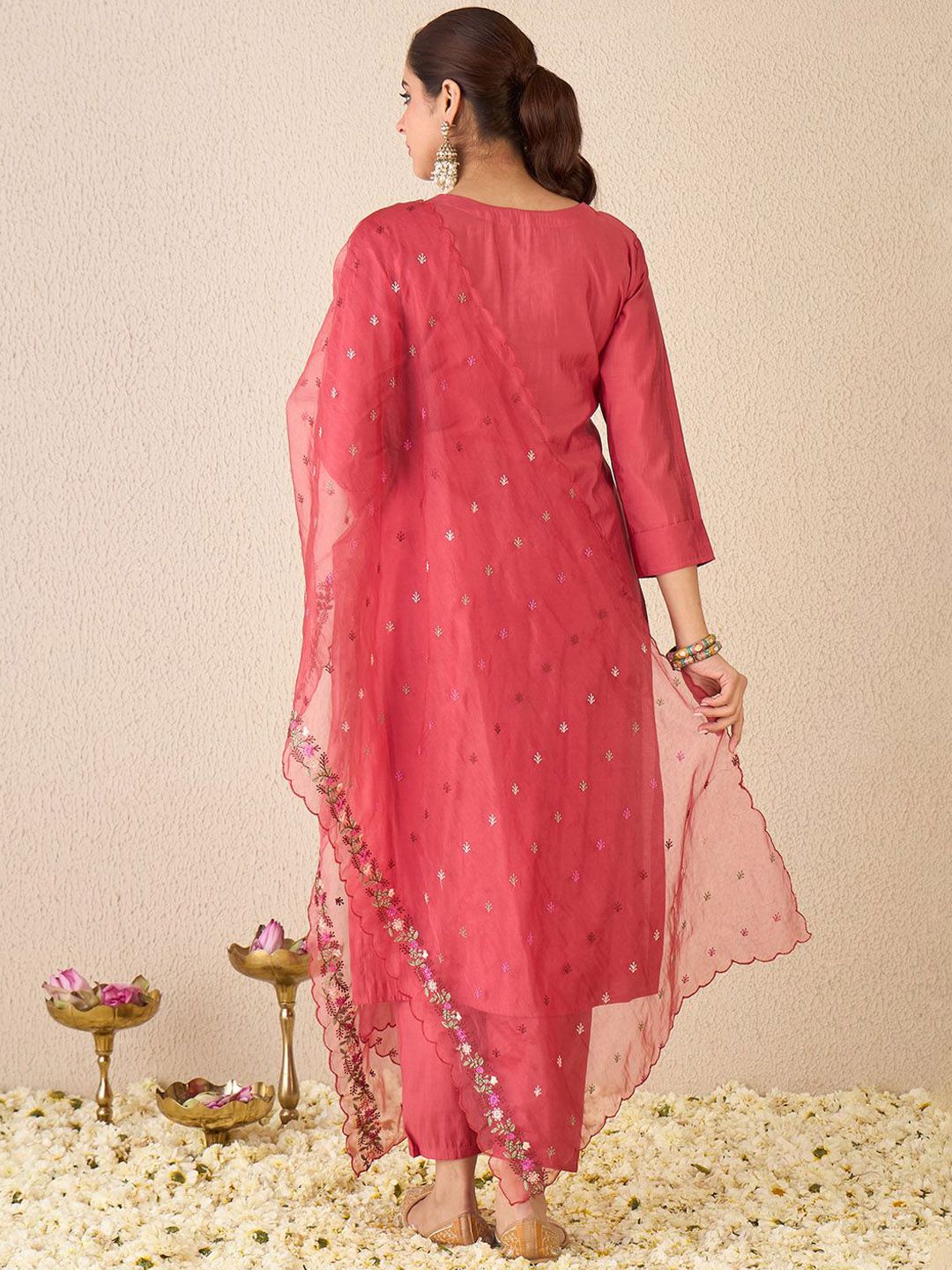 Dhiyona IE Floral Embroidered Stone & Beads Work V Neck Kurta With Trousers & Dupatta