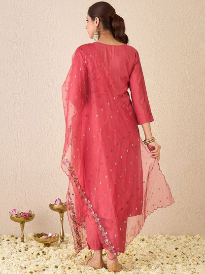 Dhiyona IE Floral Embroidered Stone & Beads Work V Neck Kurta With Trousers & Dupatta