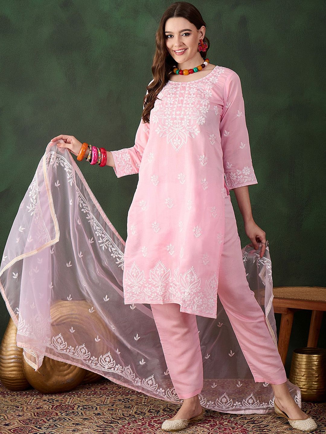 Dhiyona SN Women's Pink and White Floral Embroidered Thread Work Cotton Kurta & Trouser With Dupatta
