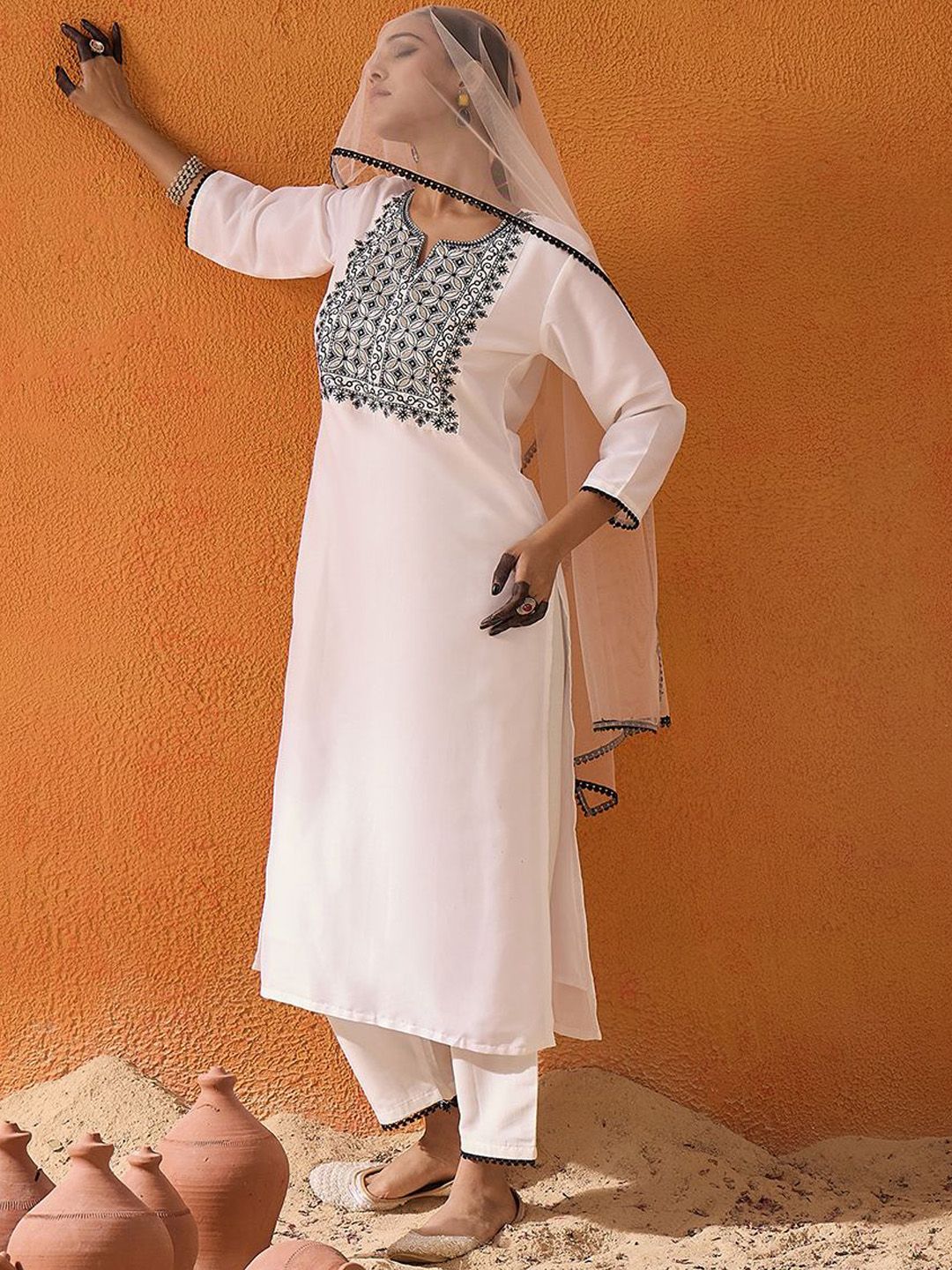 Dhiyona IE White Floral Embroidered Straight Kurta with Trousers & Dupatta