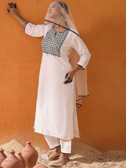 White Floral Embroidered Straight Kurta with Trousers & Dupatta