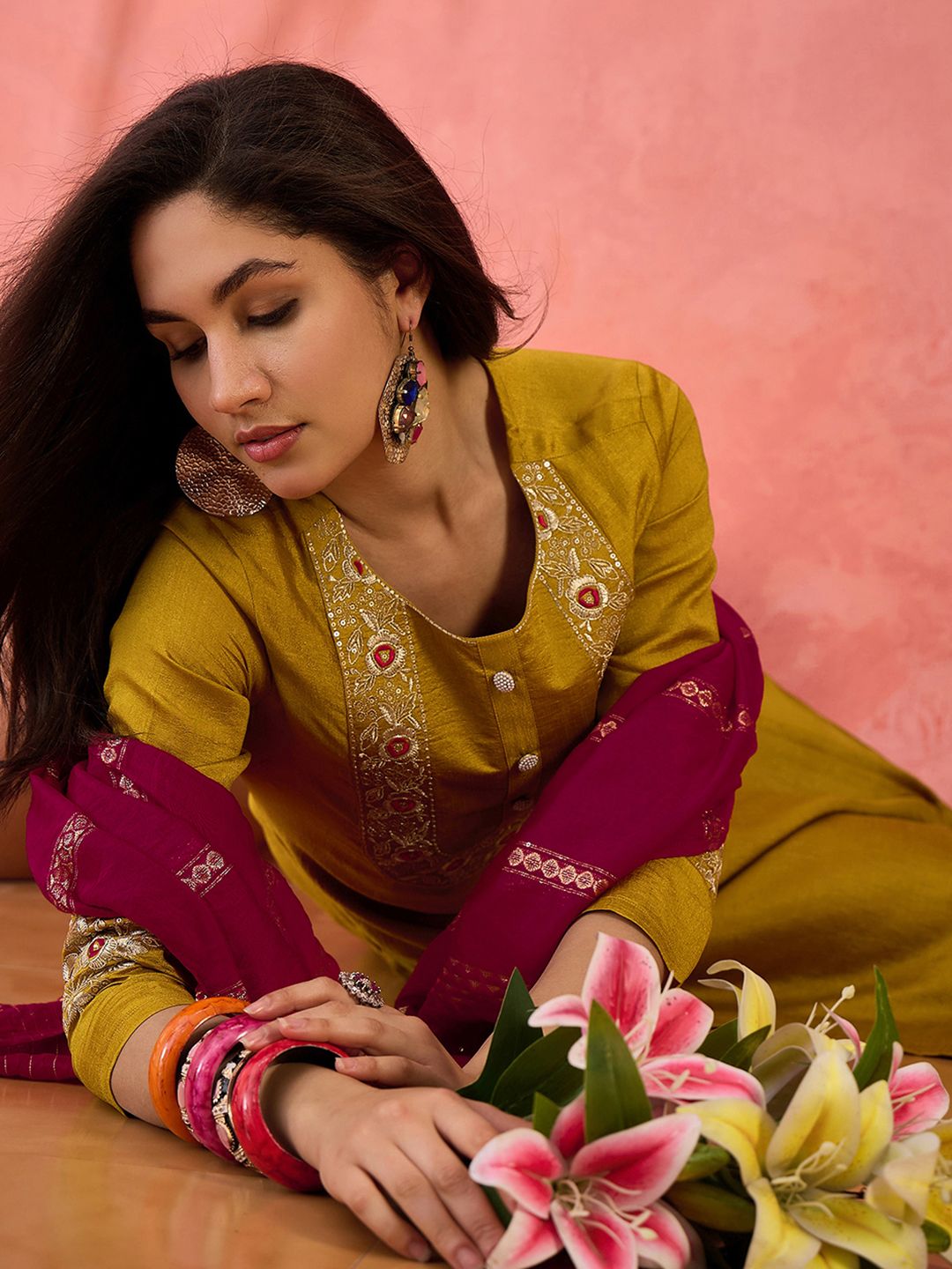 Dhiyona SN Women's Yellow Zari Embroidered Straight Kurta With Trouser And Dupatta