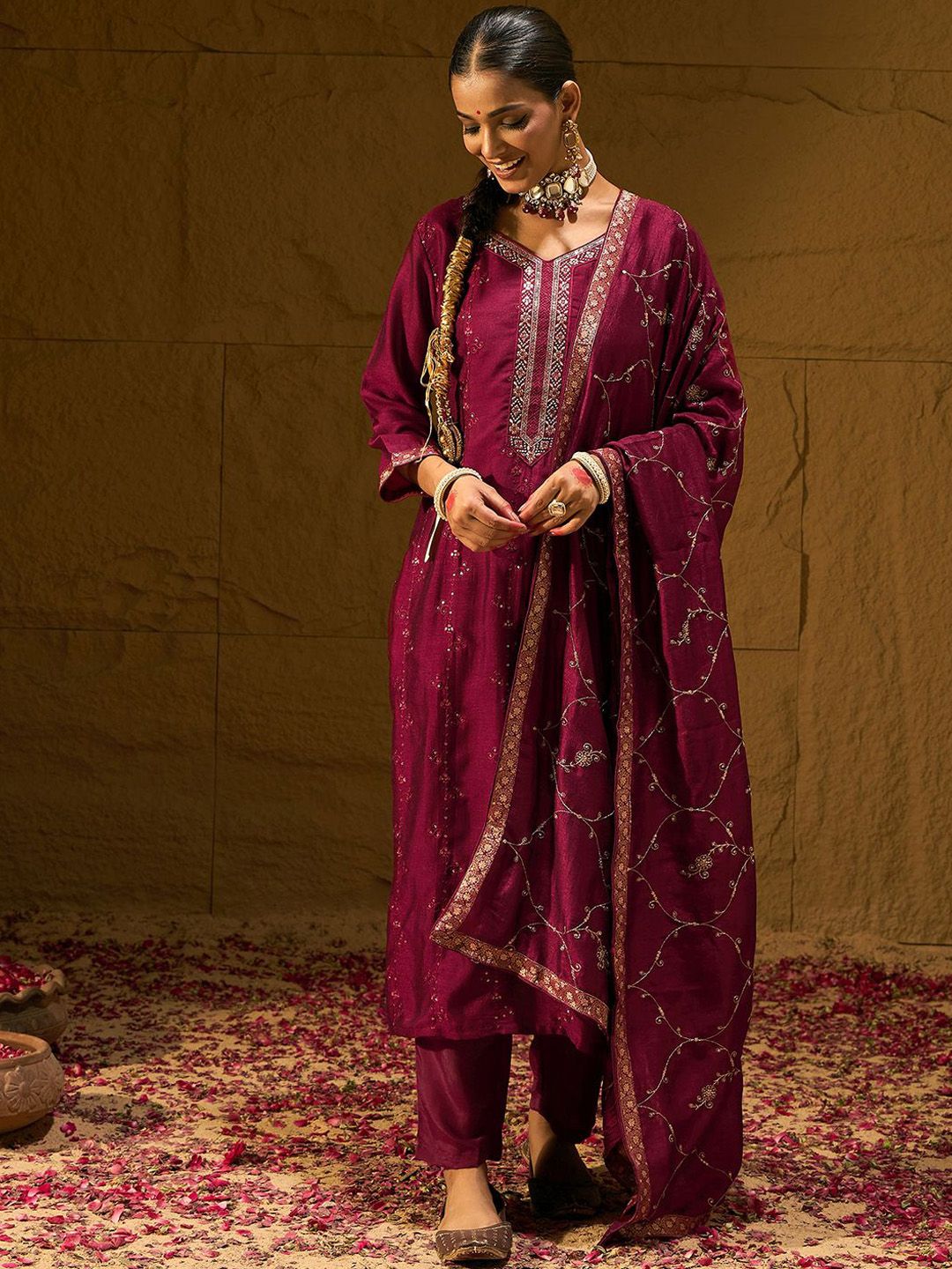 Dhiyona IE Maroon Floral Embroidered V-Neck Straight Kurta with Trousers & Dupatta