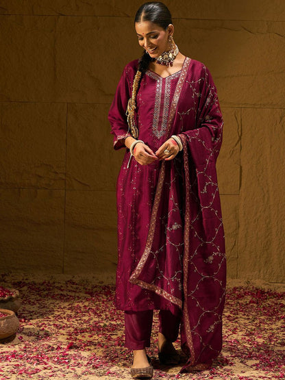 Dhiyona IE Maroon Floral Embroidered V-Neck Straight Kurta with Trousers & Dupatta