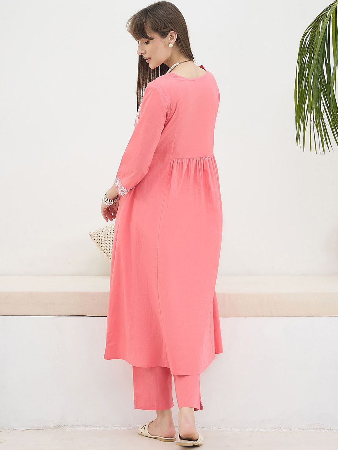 Dhiyona IE Floral Embroidered Pure Cotton Round Neck Tunic With Trousers