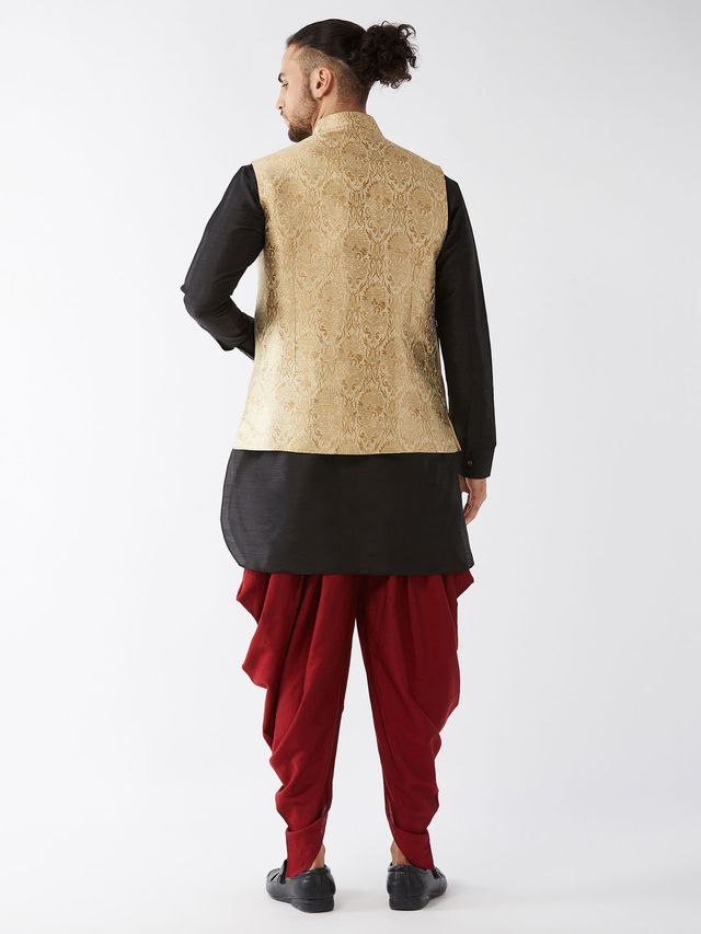 Men's Black Silk Blend Straight Jacket  Kurta and Dhoti Set