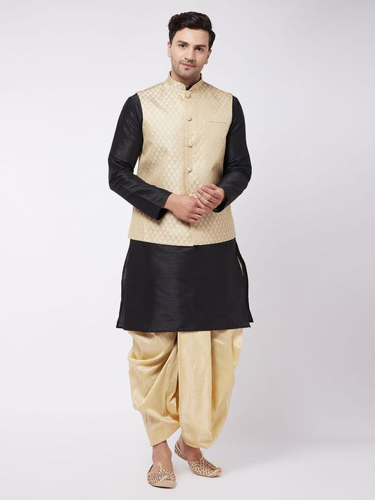 Men's Black Silk Blend Straight Jacket  Kurta and Dhoti Set