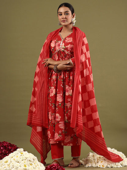 Floral Printed Empire Gotta Patti Pure Cotton Kurta With Trousers & Dupatta