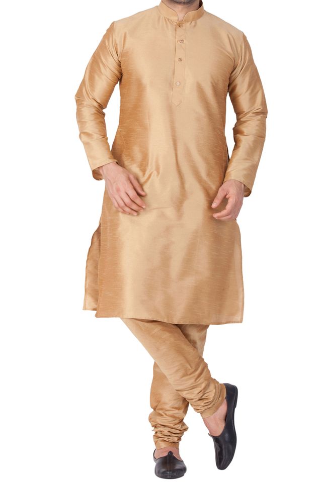 Men's Gold Silk Blend Straight Kurta Pyjama Set