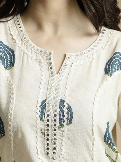 Women's Floral Printed Regular Mirror Work Pure Cotton A-Line Kurta with Palazzos