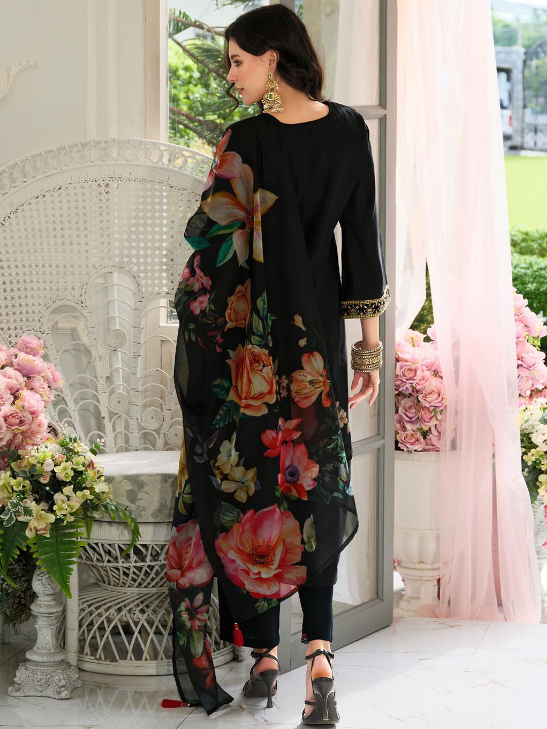 Floral Yoke Design Panelled Sequinned A-Line Kurta With Trousers & Dupatta