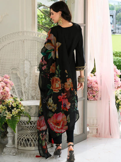 Floral Yoke Design Panelled Sequinned A-Line Kurta With Trousers & Dupatta