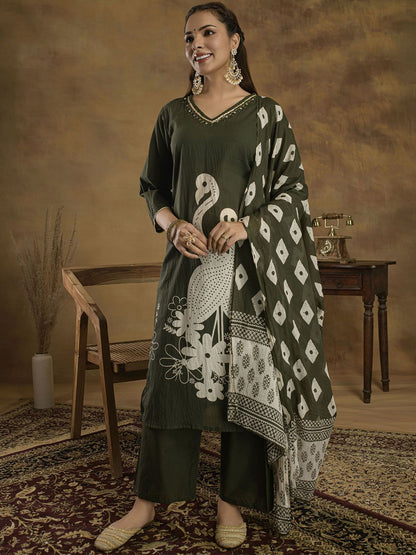 Dhiyona SN Women's Ethnic Motifs Sequinned Pure Cotton Kurti with Trousers & Dupatta