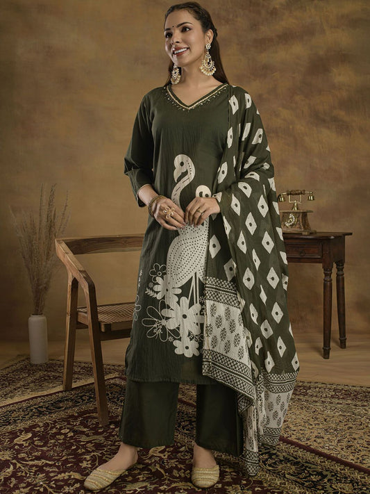 Dhiyona SN Women's Ethnic Motifs Sequinned Pure Cotton Kurti with Trousers & Dupatta