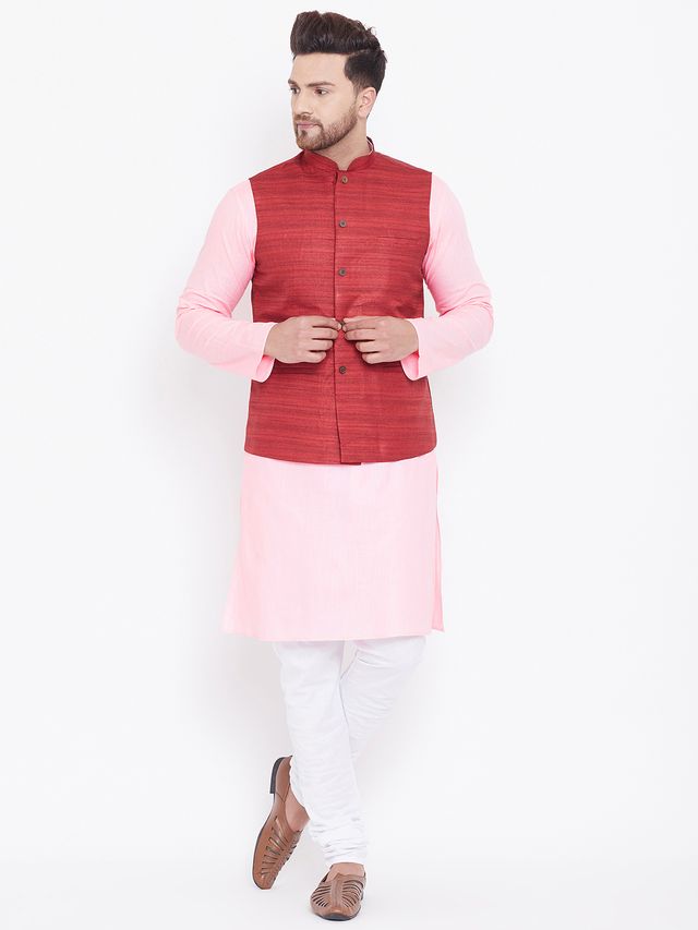 Men's Pink Cotton Blend Straight Jacket  Kurta and Pyjama Set