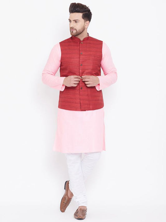 Men's Pink Cotton Blend Straight Jacket  Kurta and Pyjama Set
