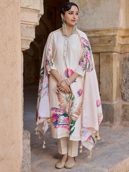 Dhiyona WP Women Floral Printed Linen Kurta with Trousers & Dupatta