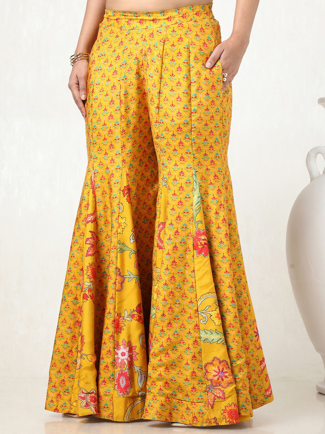 Dhiyona SO Women's Women Floral Printed Angrakha Mirror Work Kurta with Sharara & With Dupatta