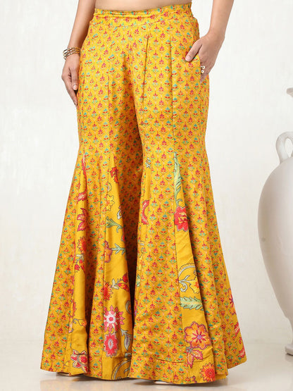 Dhiyona SO Women's Women Floral Printed Angrakha Mirror Work Kurta with Sharara & With Dupatta