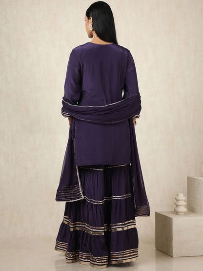 Dhiyona SO Women's Floral Embroidered Mirror Work Round Neck Straight Kurta With Sharara & Dupatta
