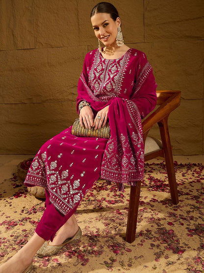Dhiyona PD Women Embroidered Velvet Straight Kurta With Trousers And Dupatta