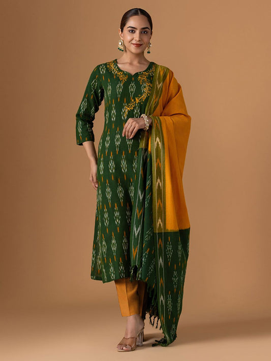 Dhiyona WP Ethnic Motifs Printed Thread Work Pure Cotton Kurta With Trouser & Dupatta