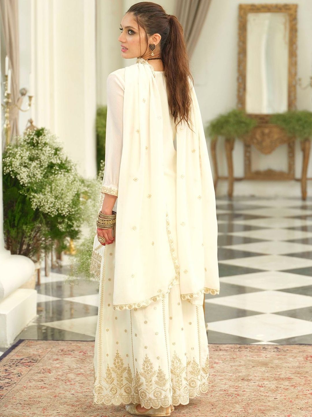 Floral Embroidered Thread Work Kurta With Palazzos & Dupatta