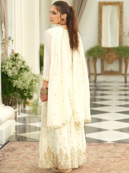 Floral Embroidered Thread Work Kurta With Palazzos & Dupatta