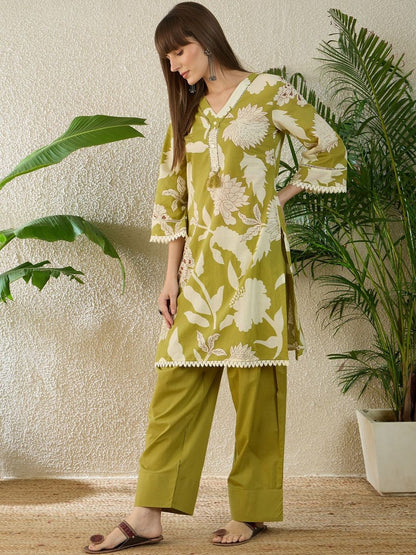 Floral Printed Pure Cotton Straight Kurta With Trousers