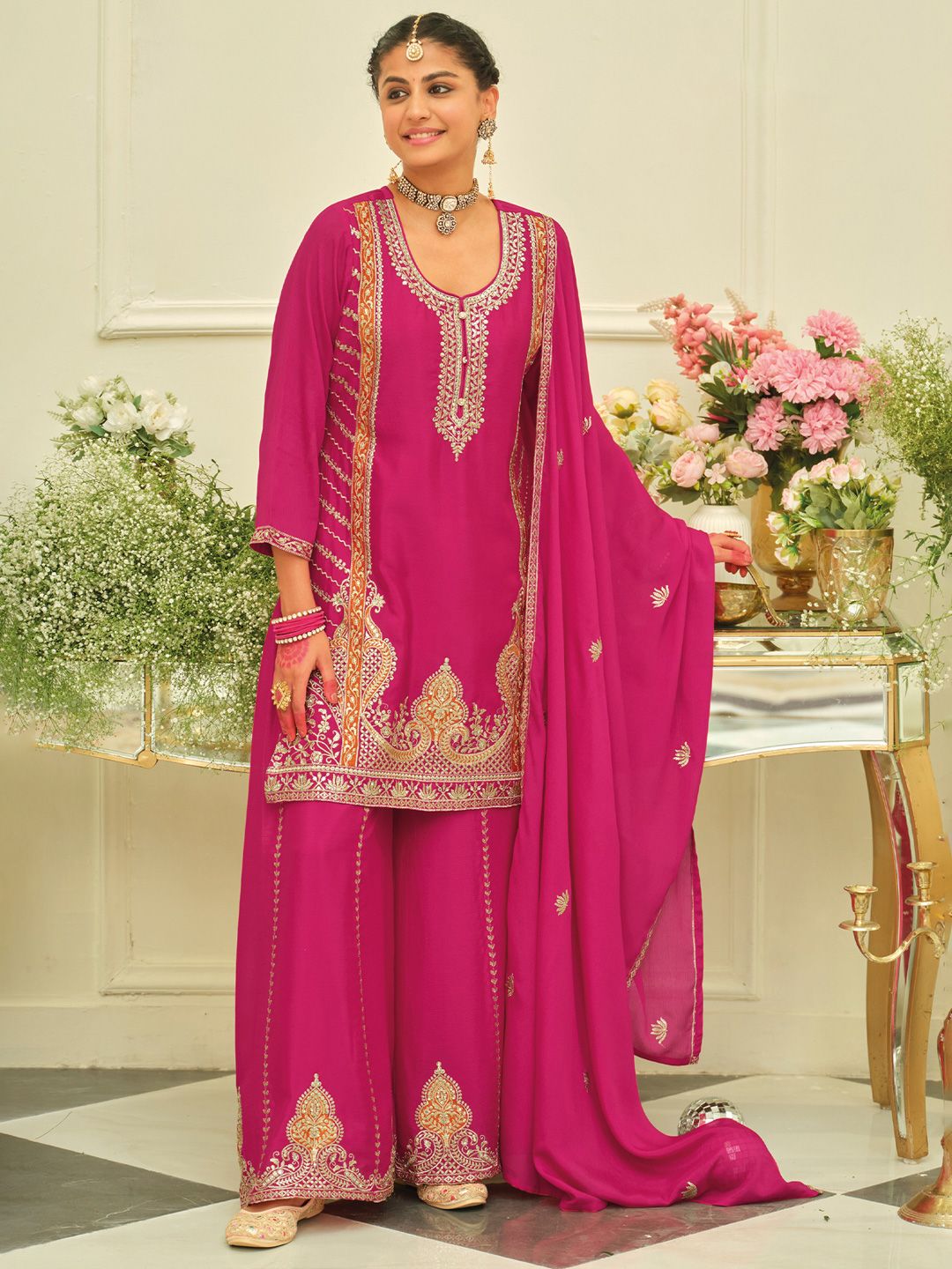 Women Ethnic Motifs Embroidered Kurta with Palazzo & Dupatta